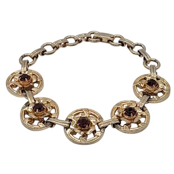 Vintage 1930s Floral Link Bracelet * Gold w Purple Stones • Art Deco Jewelry - Picture 2 of 7